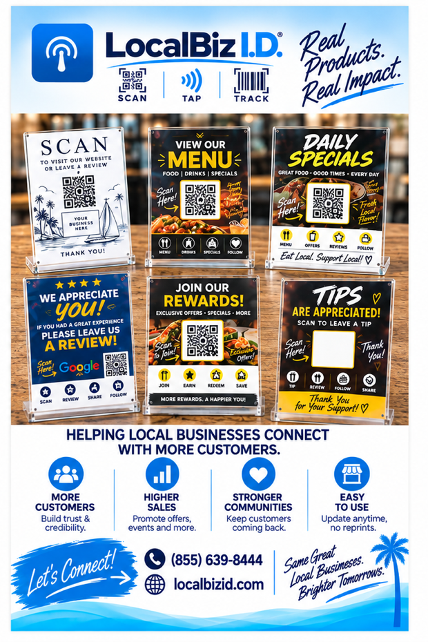 LocalBiz I.D. — Real products, real impact. Menu, specials, reviews, rewards & tips displays.