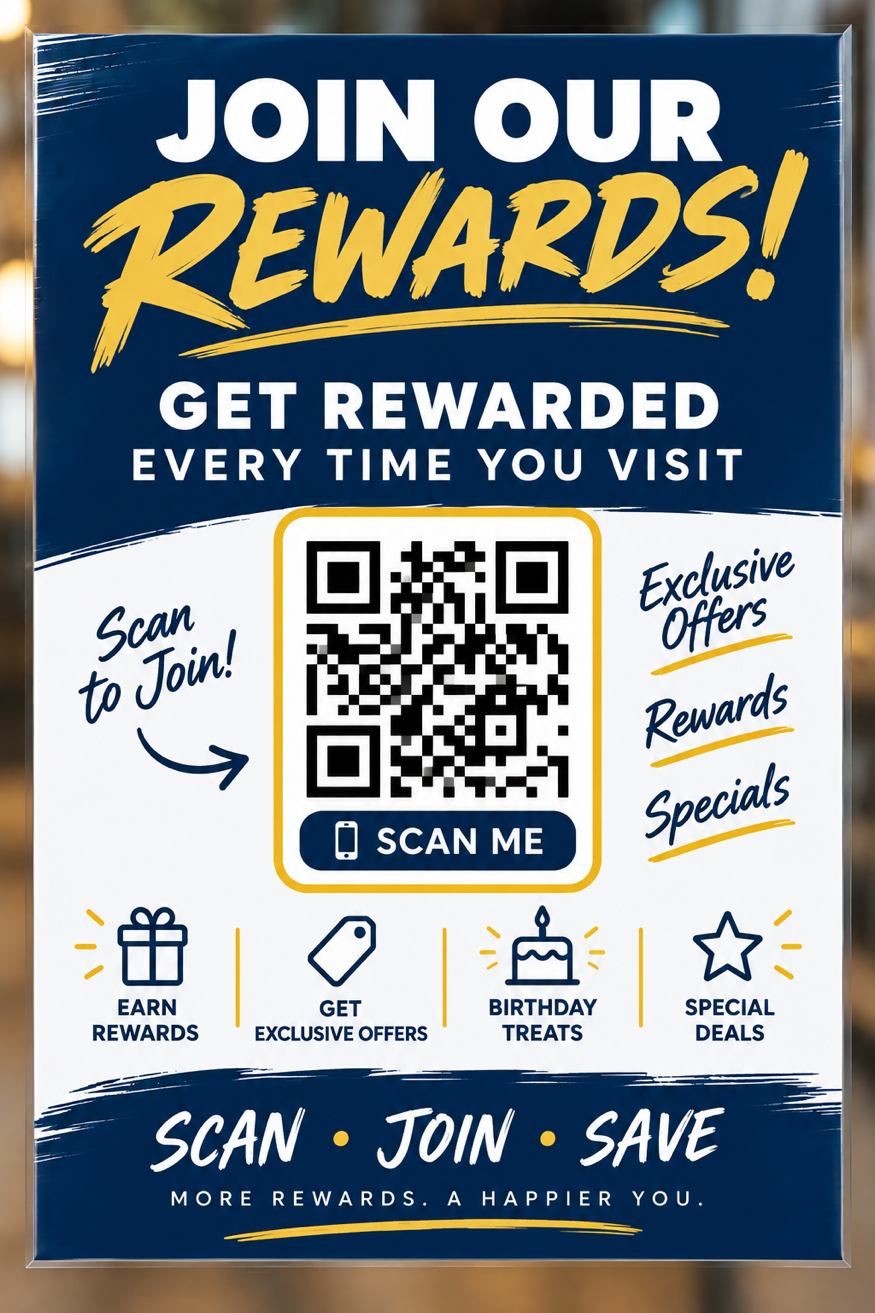 Join our rewards card with QR code on a counter stand